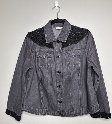 #ad Chicos Black Embellished Denim Gray Button Jacket Size 2P US 12 14P * FLAW $16.00