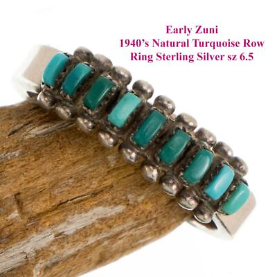 #ad Vintage Zuni Turquoise Petitpoint ROW Ring Sterling Silver ZUNI sz 6.5 OLD Pawn $119.00