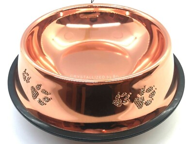 #ad Bling Rose Gold AUSTRIAN CRYSTAL Dog Food Water Bowl Paw Prints Metallic Pet Pup $130.00