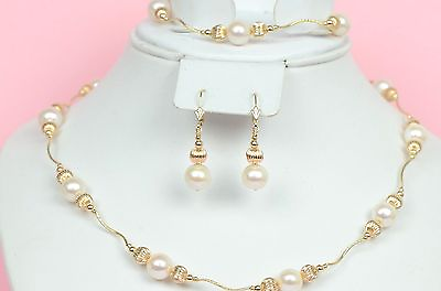 #ad 14k Yellow Gold Charming Genuine White Pearls Necklace Bracelet Earrings Set $1024.41
