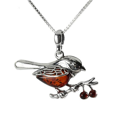 #ad ROBIN BALTIC AMBER PENDANT 925 STERLING SILVER NEW GBP 27.90