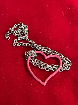 #ad Lrg Link Silver Tone Chain Big Open 1.5quot; Pink Enamel Heart Necklace Fun 16quot; Open $5.99