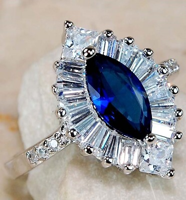 #ad 2CT Blue Sapphire amp; White Topaz 925 Solid Sterling Silver Ring Sz 8 UB2 2 $33.99