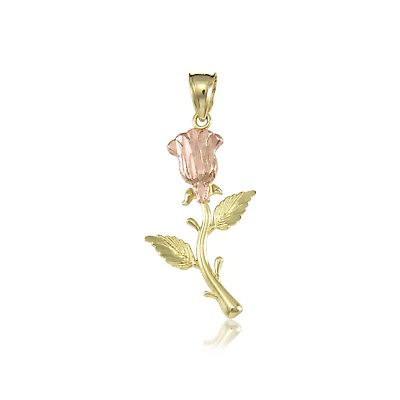 #ad 10K Solid Yellow Rose Gold Rose Pendant Flower Dia Cut Necklace Charm $78.21