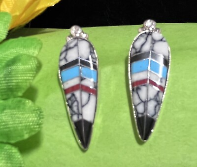 #ad Zuni Sterling White Buffalo Turquoise Coral Earrings #776 SIGNED $66.00