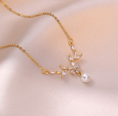 #ad Gold Titanium Flower Daisy Laurel Branch Pearl Pave CZ Pendant Chain Necklace $11.99