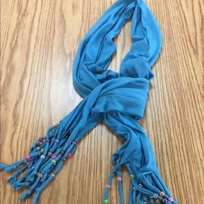 #ad Beautiful tassel blue scarf with multicolor beads 72 inch w tassels X 18 inch $15.00