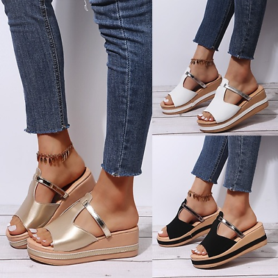 #ad #ad Women PU Leather Slippers Platform Wedge Sandals Fashion Hollow Flat Soft Rubber $46.11