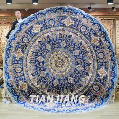 #ad 10x10ft blue Round Silk Area Rug Handmade Carpets flowers Pattern Handwoven 458A $8880.00