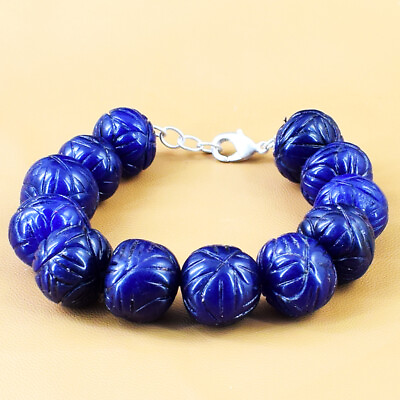 #ad 445.00 Cts Earth Mined 7quot; Long Sapphire Flower Carved Beads Bracelet NK 09E135 $45.00