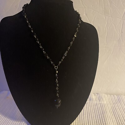 #ad Black And Solve Crystal Necklace Y Style 18” 2 1 2” drop 2” extender pendant $16.50