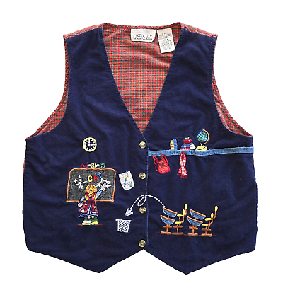 #ad Vintage Teacher Vest Women L Blue Corduroy Colorful Classroom Embroidery Quirky $16.95