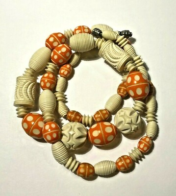 #ad Vintage Art Deco Carved Celluloid Orange White 24quot; Bead Strand Necklace 4b 4 $62.99