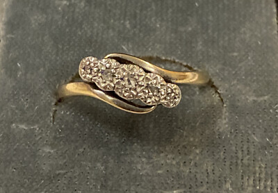 #ad ANTIQUE 9ct Yellow Gold amp; Palladium Old Cut 5 Stone Diamond Ring Size O 1 2 GBP 269.99