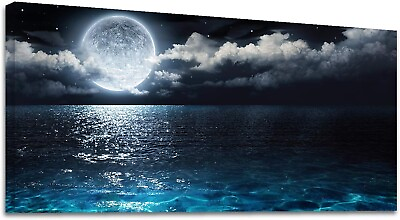 #ad Canvas Wall Art Blue Sea Night Picture Prints Moonlight Home Decor Nature Paint $198.49