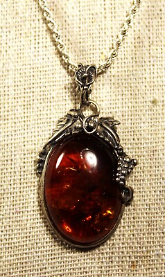 #ad 925 Fine Sterling Silver Italian Chain amp; Amber Pendant Necklace Detailed 16quot; $85.00