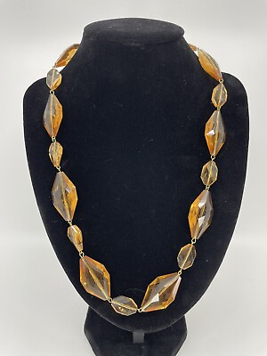 #ad Vintage W Germany Chunky Faux Crystal Amber citrine Lucite Beaded Necklace $12.99