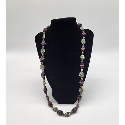 #ad VTG J. Crew Necklace Blue Brown Cylinder Rhinestone Studded Beads $12.00