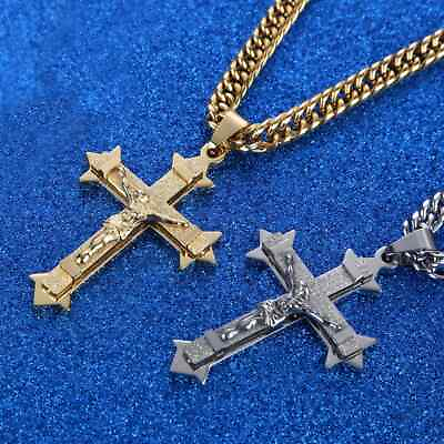 #ad Cross Christ Jesus Pendant Necklace Stainless Steel Link rolo Chain Necklace $10.99