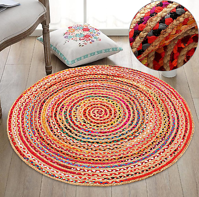 #ad Jute Chindi Round Braided Rug Hand Woven Reversible Natural Recycled Cotton Rug $57.55