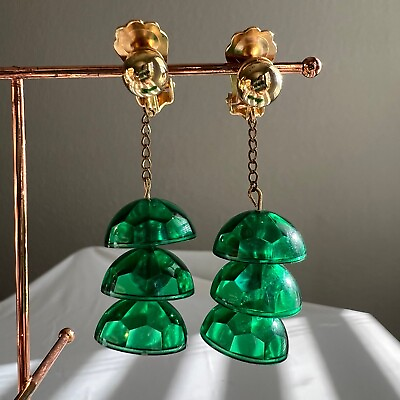 #ad Vintage Emerald Green Lucite Disc Dangle Gold Tone Chandelier Costume Earrings $24.99