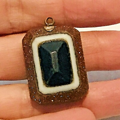 #ad Vintage Pendant Stone Black Glitter Bronze Emerald Cut Charm $16.82