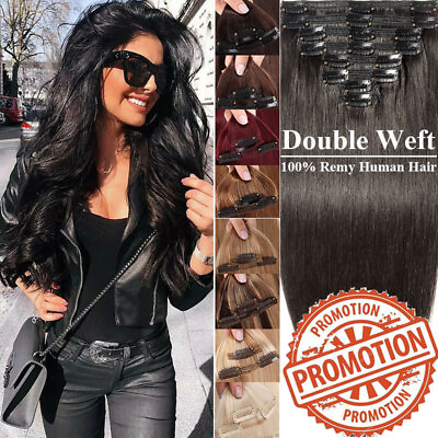 #ad Soft Thick Double Weft Russian Clip In Human Hair Extensions Full Head Highlight $169.59
