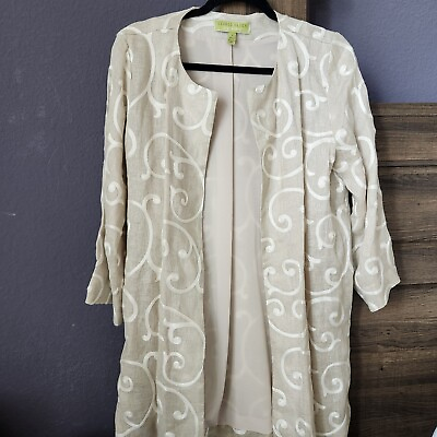 #ad Sigrid Olsen Signature 100% Linen Embroidered Long Jacket S Small Beige Cream $24.90