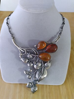 #ad Silver .800 One of Kind Necklace with 3 Amber stones from Baltic Sea TWG 43.1g $345.00