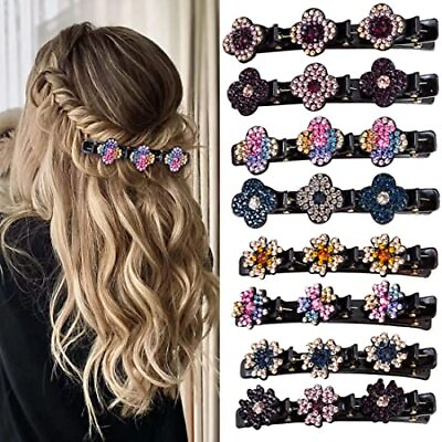 #ad 8 Pcs Sparkling Crystal Stone Braided Hair Clover Clips for Thick Thin Hair $8.43