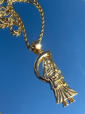 #ad Men#x27;s Women 14k Gold Santa Muerte Charm Pendant Rope Necklace $37.99