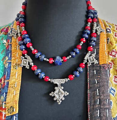 #ad Lapis Lazuli amp; red coral 5 boghdad crosses Tuareg Berber Bedouin Boho Necklace. $152.15