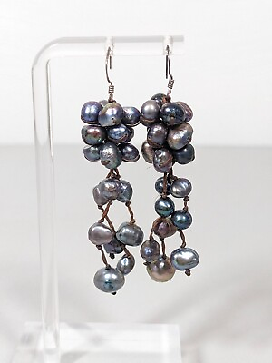 #ad Artisan Gray Pearl Bead Tassel Cluster Dangle Sterling Hook Pierced Earrings $9.09