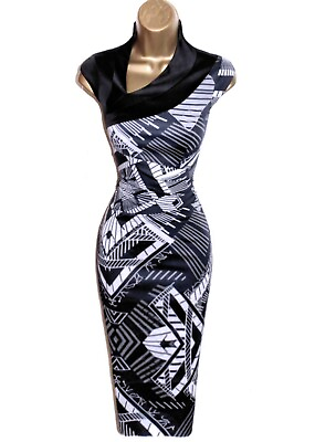 #ad Karen Millen UK 14 US 10 EXQUISITE BLACK IVORY GEO SATIN WIGGLE PENCIL DRESS GBP 69.99