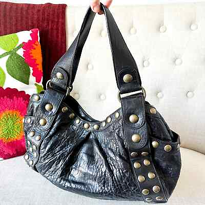 #ad Kooba Black Pebble Leather Handbag Purse Edgy Boho Studded Hobo Shoulder Bag $195.00