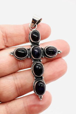 #ad Large Sterling Silver Amethyst Cabochon Cross Pendant 12.4gm Vintage Jewelry $94.50