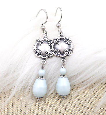 #ad Light Blue Faux Pearl Earrings Art Nouveau Flower Jewelry Pastel Blue Jewelry $18.00