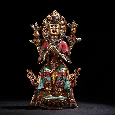 #ad 9″ Tibet Palace decor Bronze handmade Inlay turquoise Gem Maitreya buddha Statue $479.99