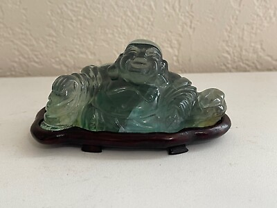 #ad Chinese Green Quartz Carving Buddha or Hotei Figurine on Wood Stand $150.00