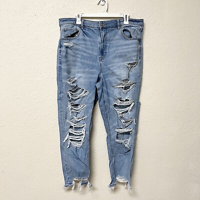 #ad American Eagle Mom Jean Blue Denim Size 18 Regular Stretch Jeans Distressed $24.99