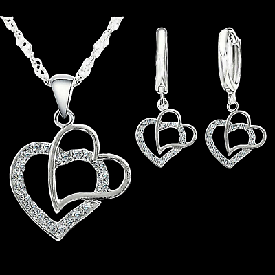 #ad Elegant Hearts Necklace And Earrings Set Sterling Silver $15.94