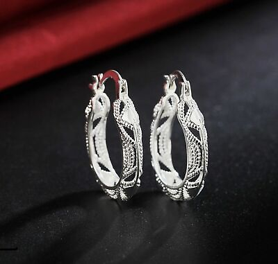 #ad 925 Silver Plated Filigree Round Oval Unique Hoop Earrings $3.49