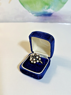 #ad Princess Thai Ring 9K Gold Pearls and Sapphires Ring 5.9 Grams Size 7 Vintage $228.00