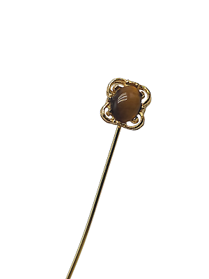 #ad Tiger Eye Stone Stick Pin Gold Tone Filigree Vintage $16.99