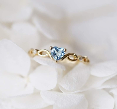 #ad 14K Gold Sea Blue Topaz Love Heart CZ Diamond Ring Women Anniversary Engagement $22.49