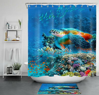 #ad Sea Turtle Shower Curtain Tropical Sea Underwater World Bathroom Accessories Set $12.99