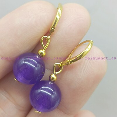 #ad Natural Fashion 10mm Purple Jade Round Gemstone Beads Fashion Earrings $2.99