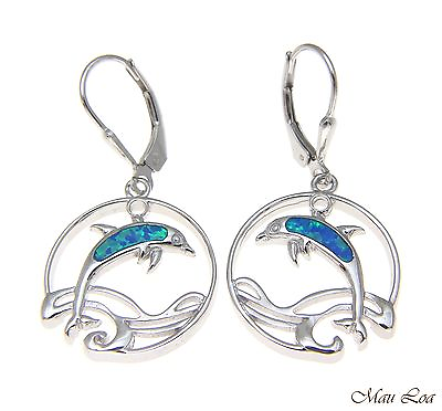 #ad 925 Sterling Silver Rhodium Hawaiian Circle Wave Dolphin Opal Leverback Earrings $34.79