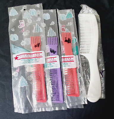#ad Vintage Pick Combs Purple Red Lot of 3 Plus Oversized White Comb Made in USA $24.95
