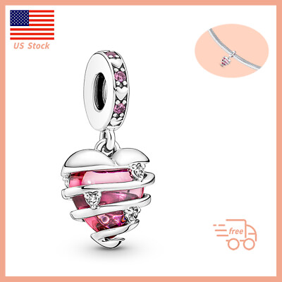 #ad Authentic Pink Heart Dangle Charm Sterling Silver Gift Women Charm Bracelets $19.99